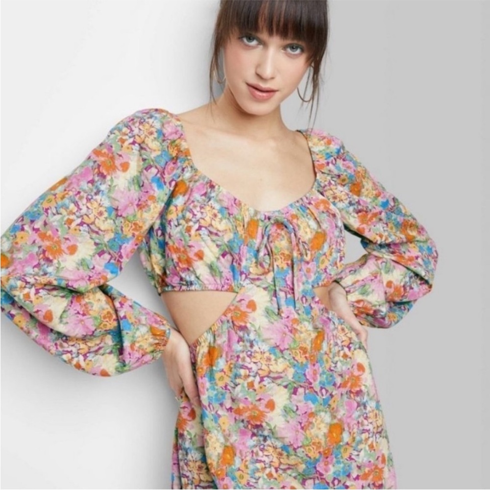 Floral Long Sleeve Cut Out Fit and Flare Dress